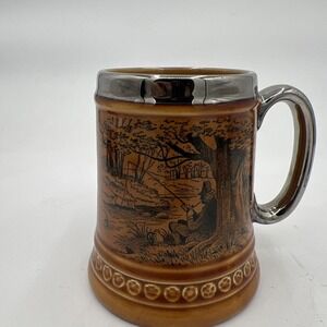 Lord Nelson Ware Pottery England FISHING Beer Stein Mug - Silver Trim Vintage A8